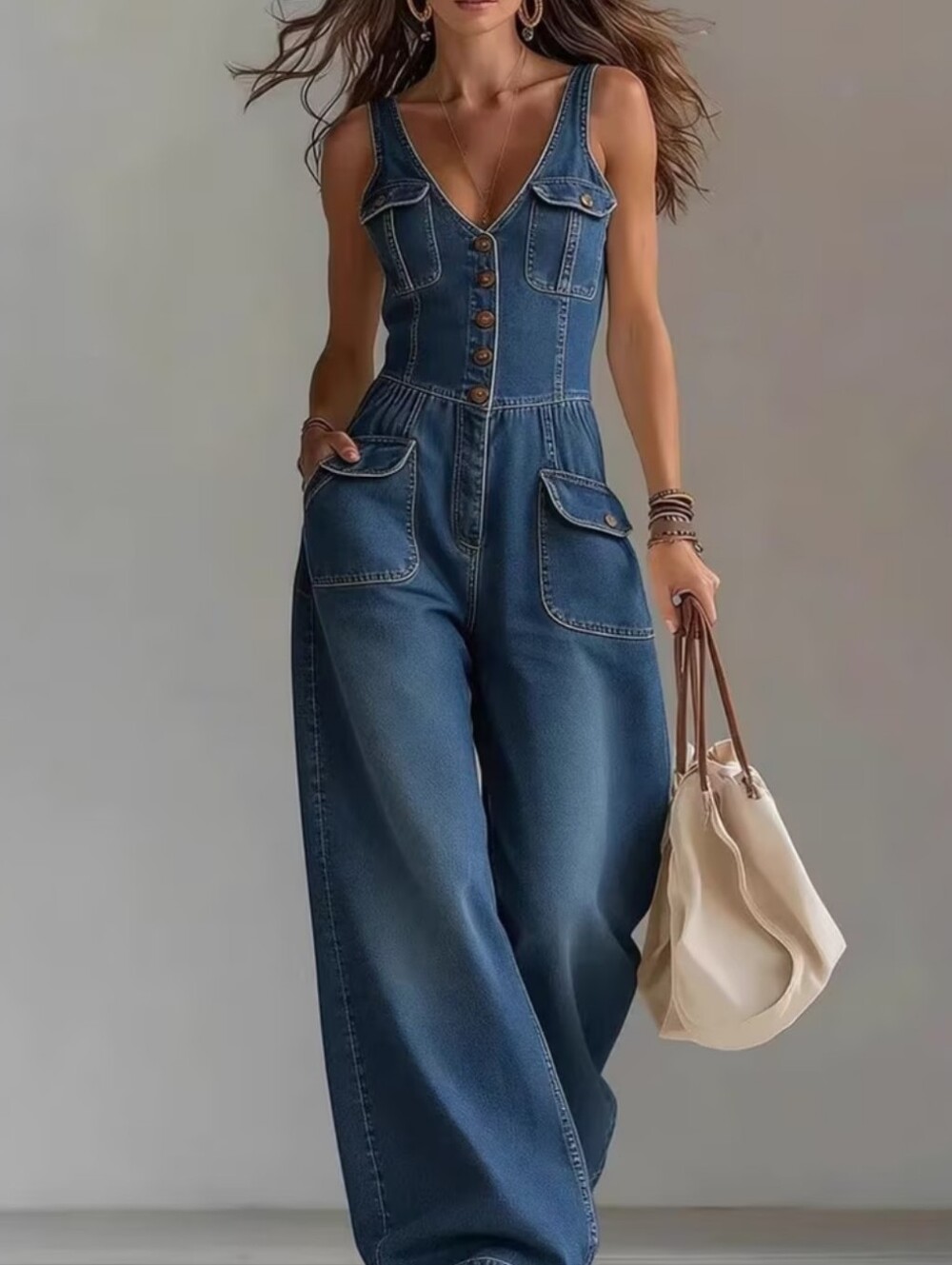 Dark Blue Denim Women’s Jumpsuit Jeans - Sleeveless V-Neck